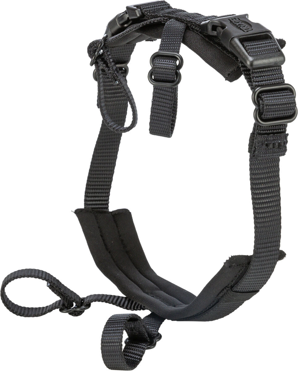 Ein schwarzes Geschirr mit verstellbaren Riemen und Schnallen, wahrscheinlich aus Nylon gefertigt.