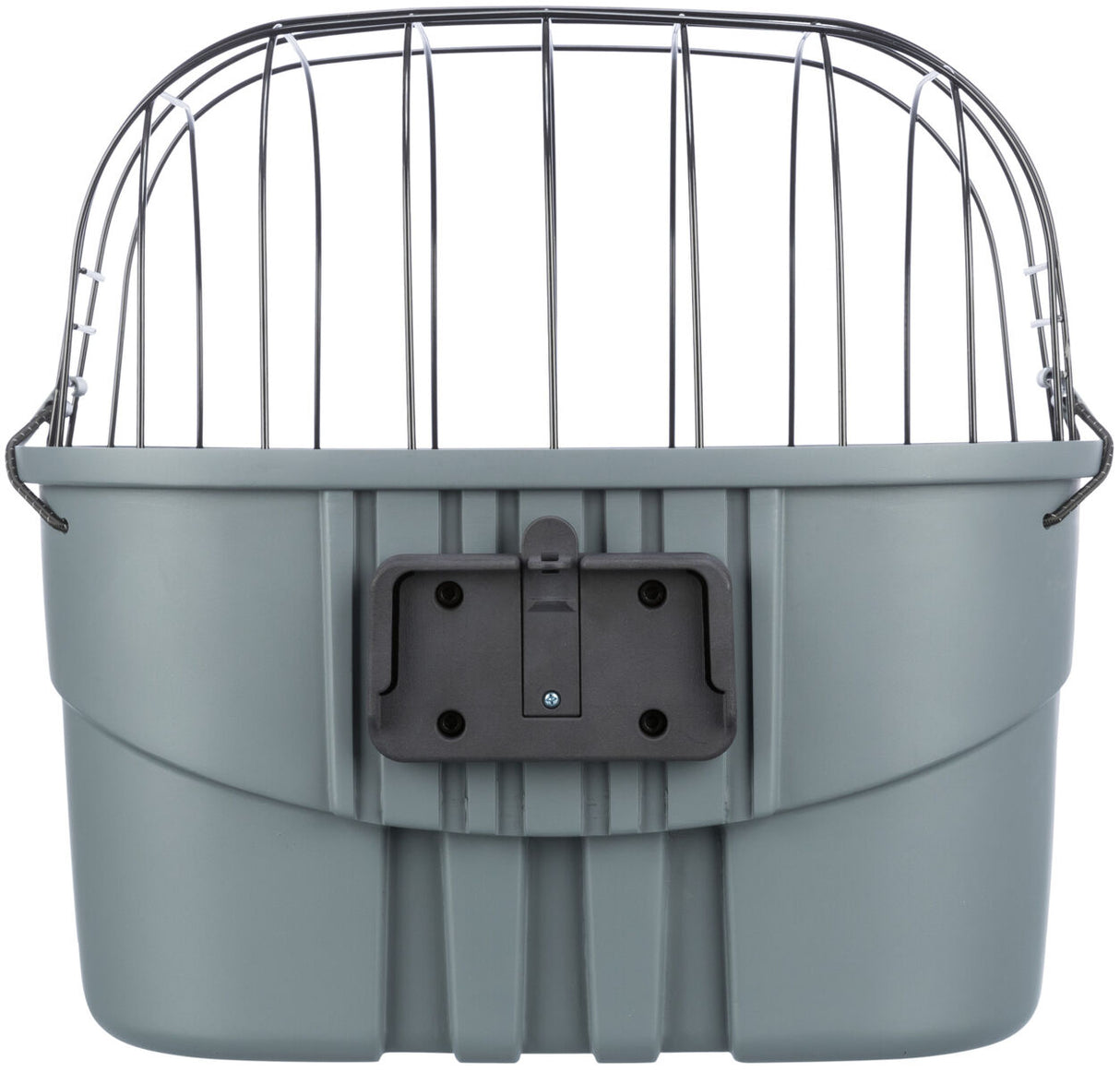 Grauer Fahrradkorb aus Kunststoff mit Gitteraufsatz aus Metall, das eine sichere Transportlösung bietet.