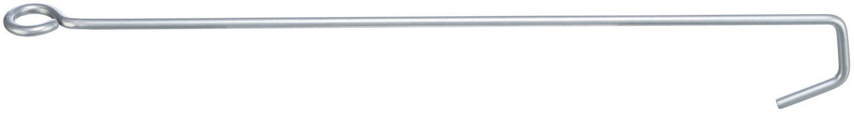 Metallstab mit kreisförmiger Öse an einem Ende und abgewinkeltem Haken am anderen Ende vor weißem Hintergrund.