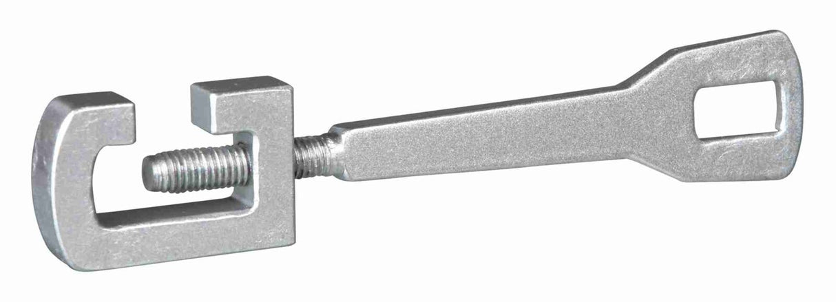 Silbernes Metallwerkzeug mit Gewindeschraube, einer C-förmigen Öffnung und einem rechteckigen Griff.
