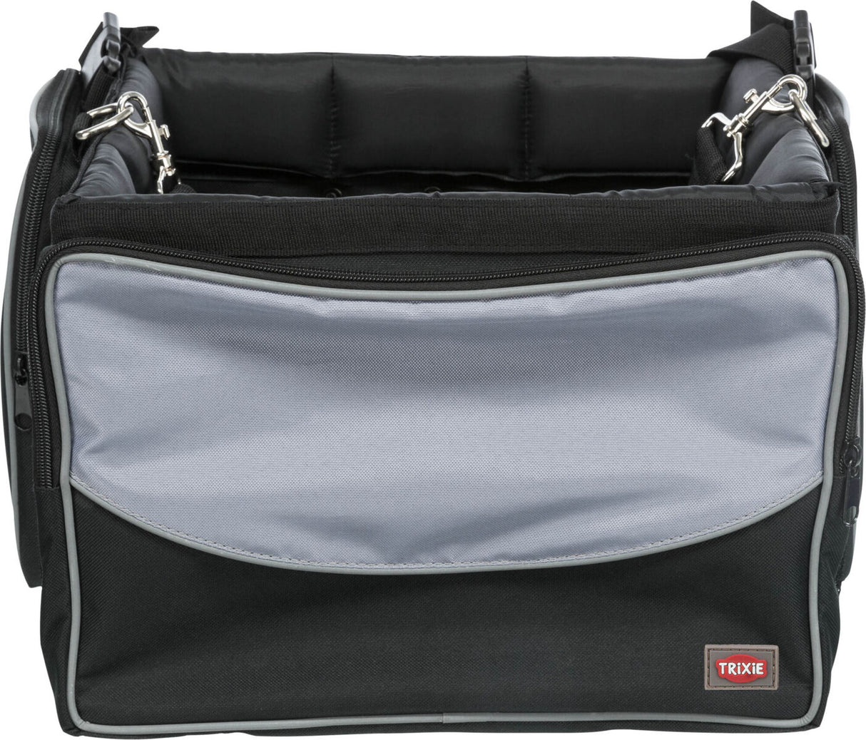 Schwarze Transporttasche mit hellgrauen Frontdetails und zwei Metallhaken an den Seiten, Logo unten rechts.