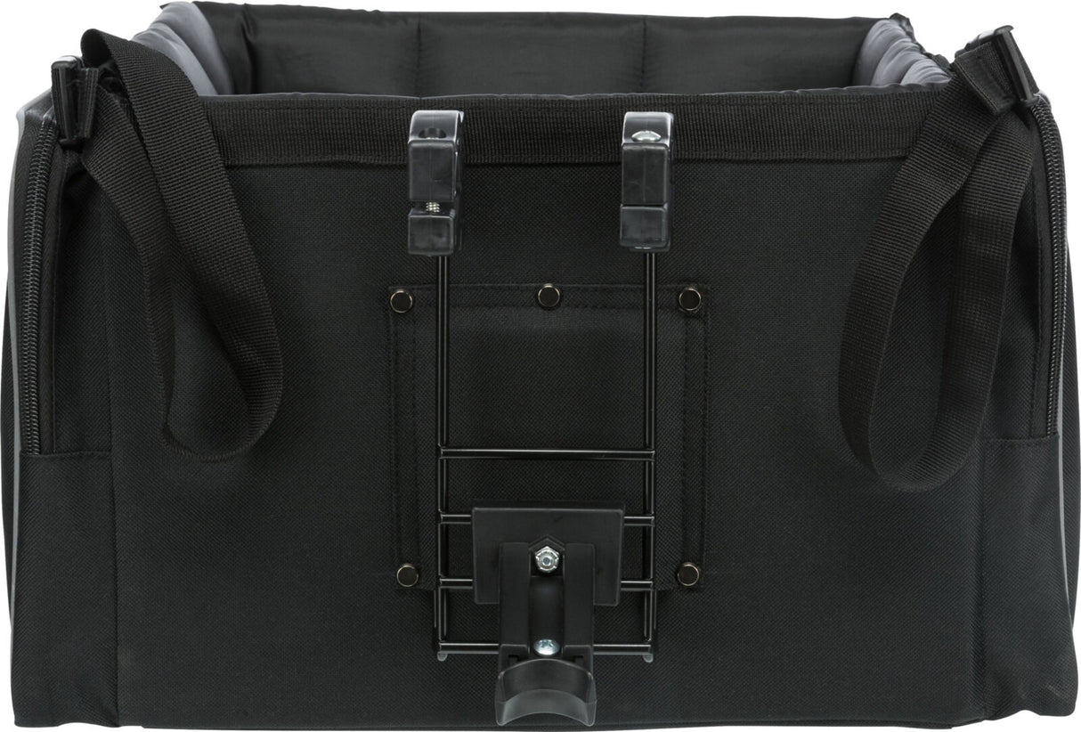 Schwarze Fahrradtasche mit Griffen und Befestigungshaken, quadratische Form, befestigt an einem Metallrahmen.