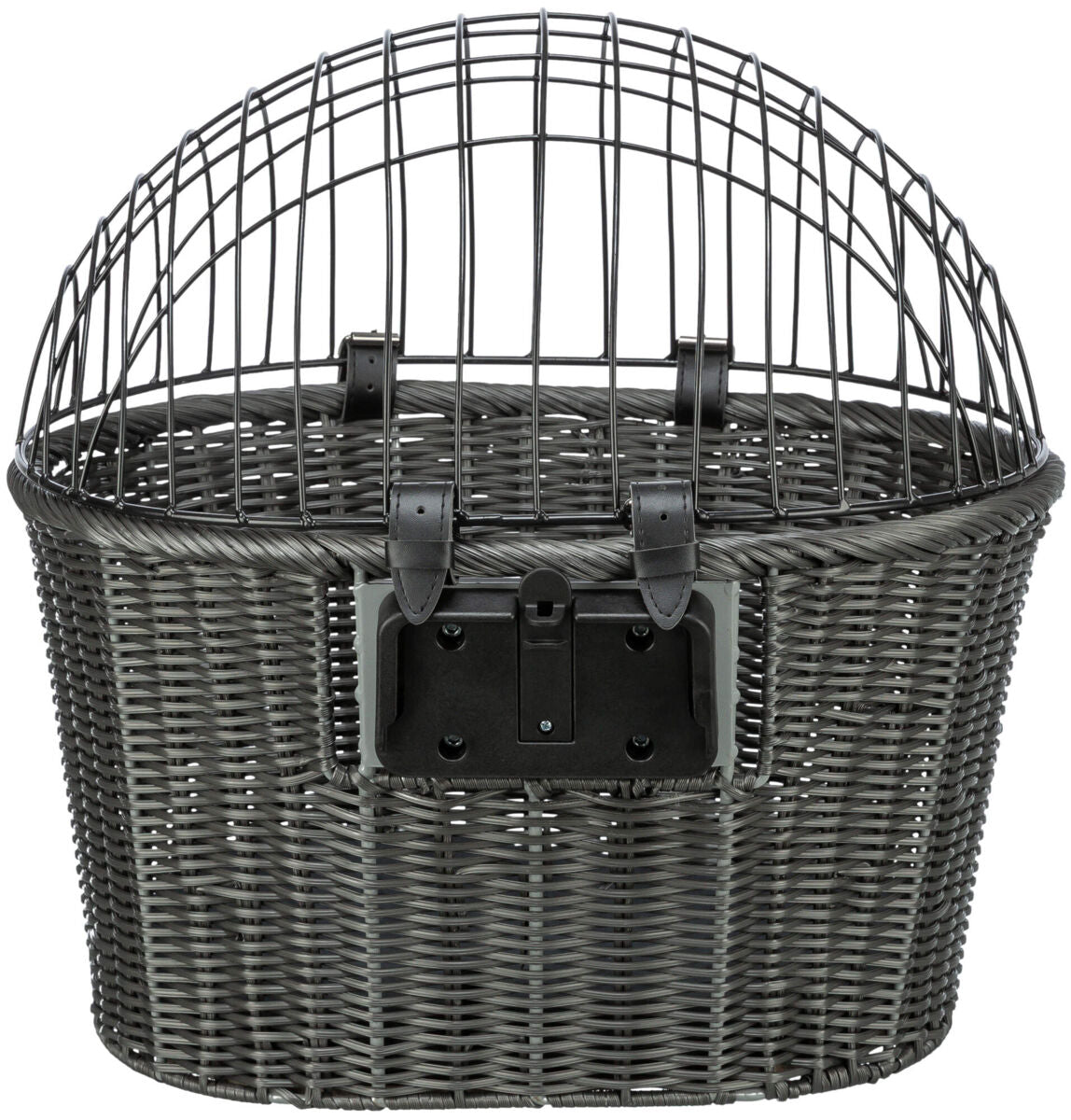 Geflochtener Fahrradkorb aus grauem Material mit schwarzem Metallgitter und zwei Riemen an der Oberseite.