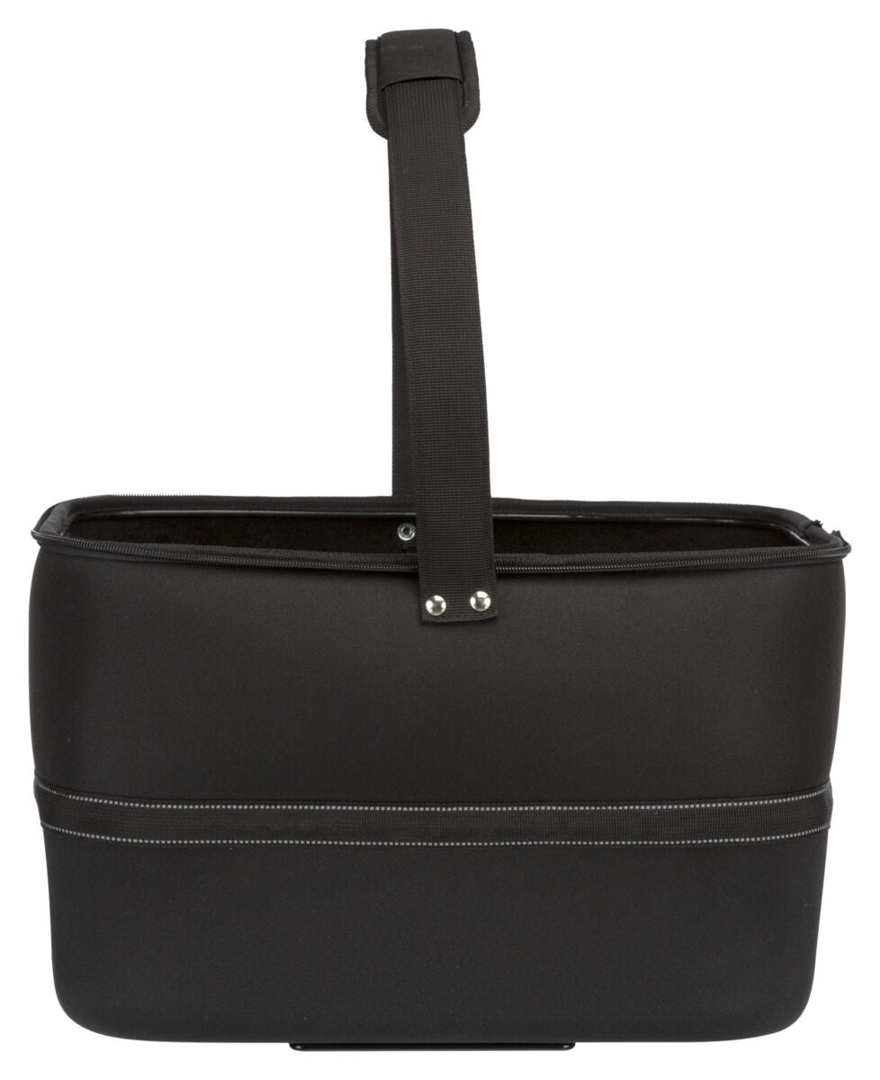 Schwarze Tasche mit rechteckiger Form, stabilem Griff oben und dekorativen Nähten an der unteren Hälfte.