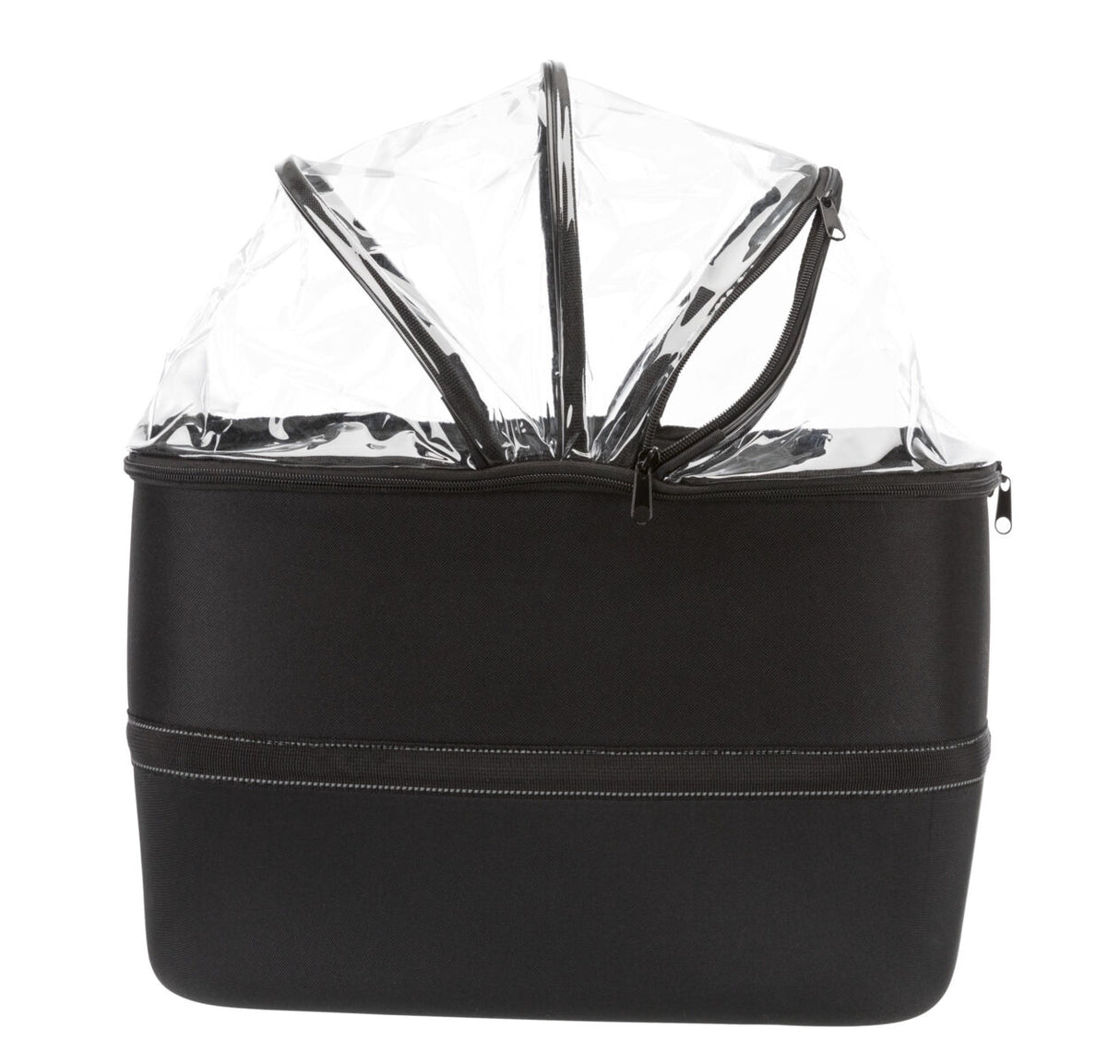 Schwarze Tasche mit transparentem, gewölbtem Deckel und Reißverschlüssen, stehende Ansicht.