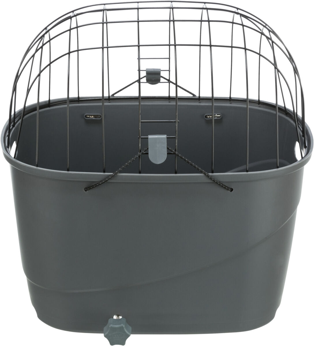 Grauer Fahrradkorb mit schwarzem Drahtgitter, geeignet für den Transport, seitliche Öffnung und Befestigung.