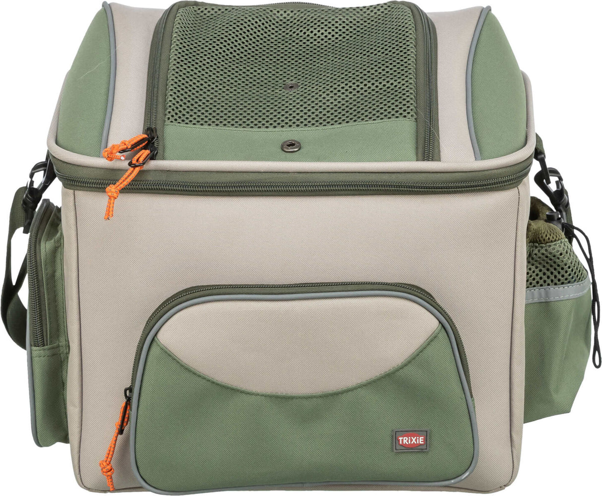 Grüne und beige Tragetasche mit Netzoberteil, mehreren Taschen und Reißverschlüssen, orangefarbene Details.