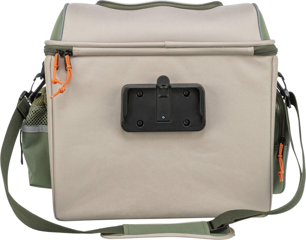 Beige- und olivfarbene Tasche mit schwarzer Halterung, orangen Zippern und grünem Schultergurt.