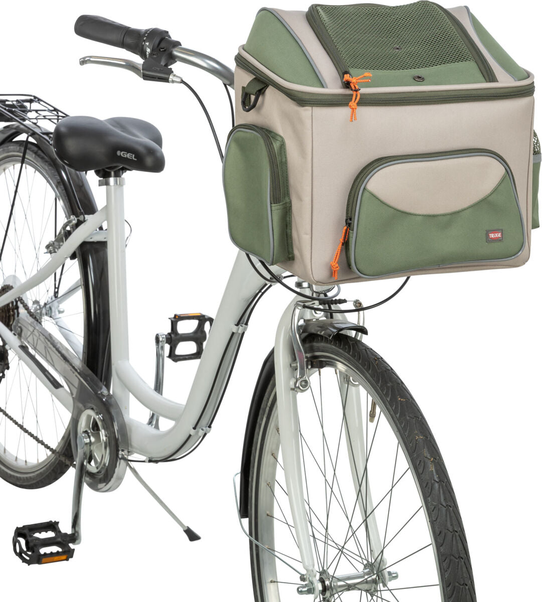 Fahrrad mit grauem Gestell und Transporttasche in Beige und Grün auf dem Gepäckträger, mit orangefarbenen Details.