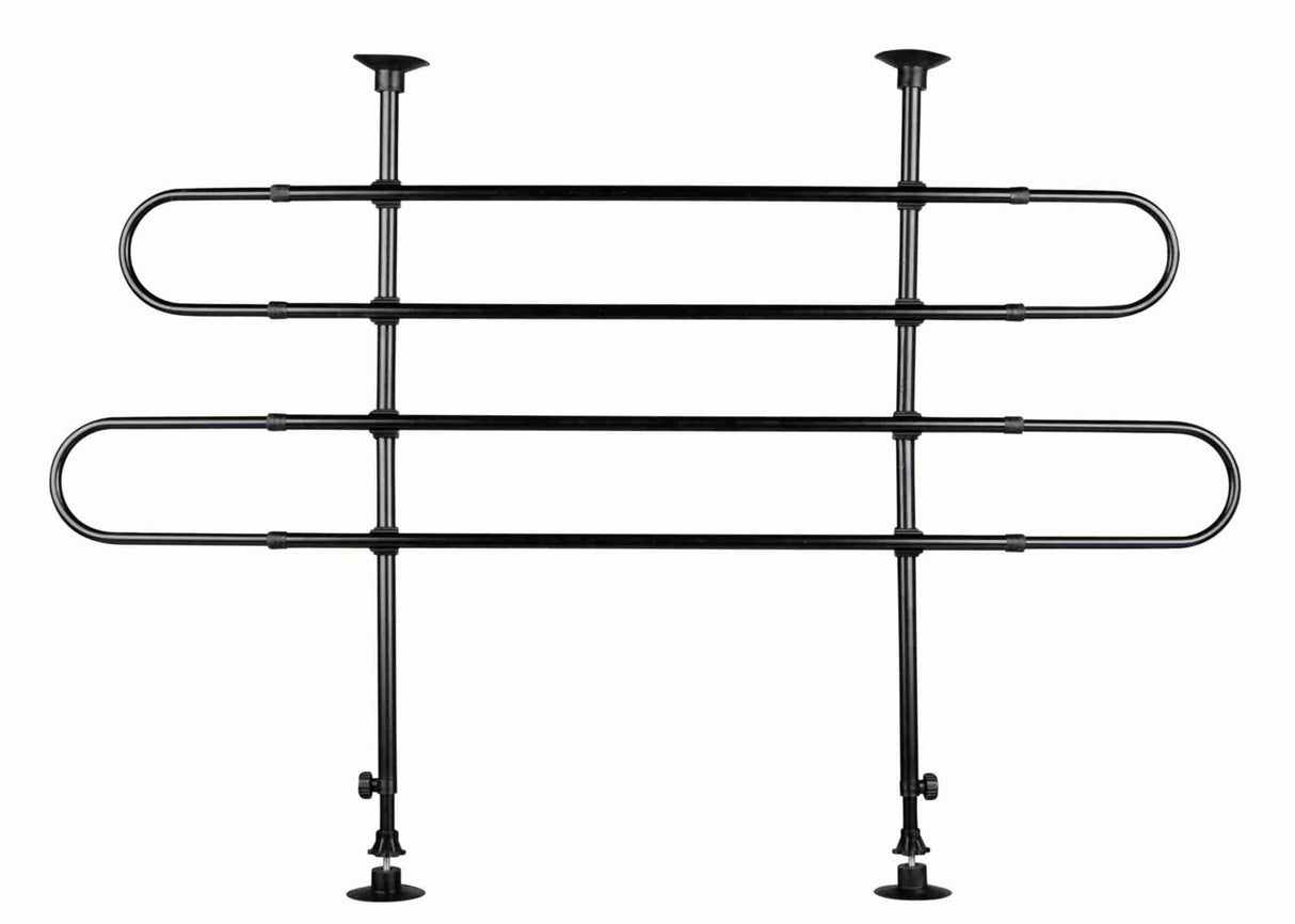 Schwarzes, metallenes Trenngitter mit drei horizontalen Stangen und zwei verstellbaren vertikalen Stützen.