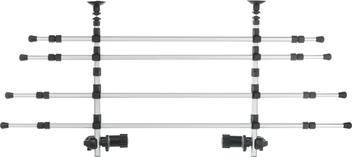 Metallisches Gitter mit vier horizontalen Streben und seitlichen schwarzen Befestigungen, ausziehbar und verstellbar.