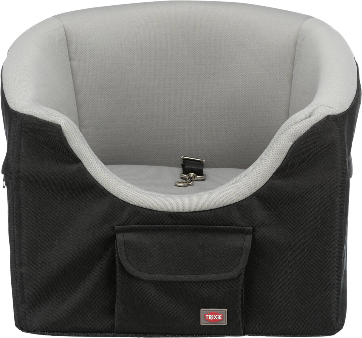 Schwarzer und grauer Fahrradsitz mit Sicherheitsgurt und Vordertasche, Herstellerlogo sichtbar.