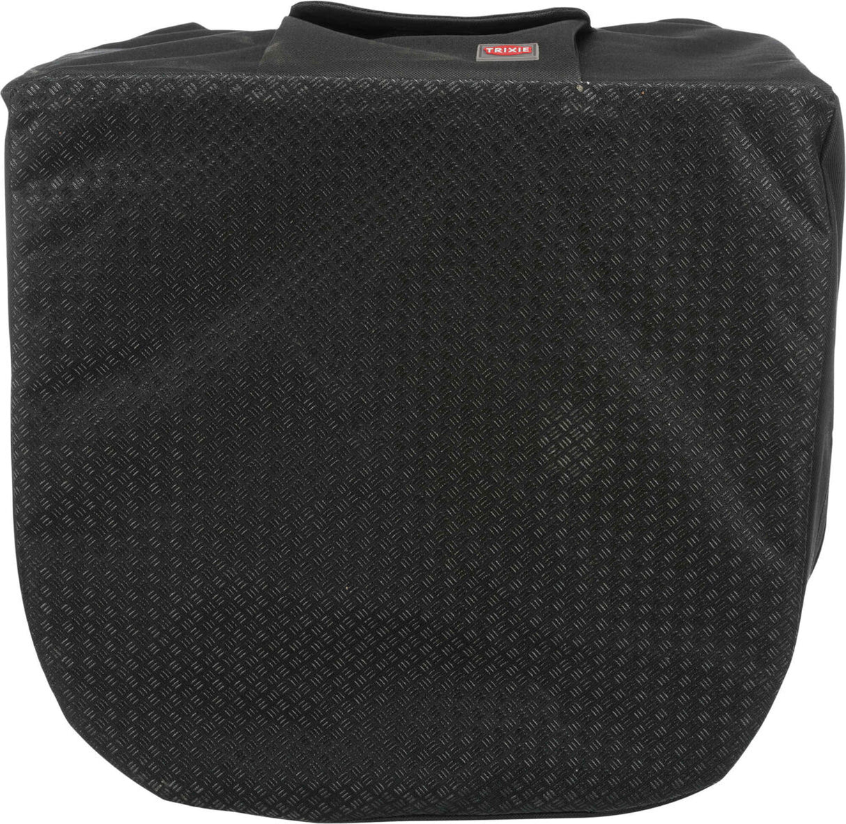 Schwarze Schutzhülle mit rautenförmigem Muster und rotem Etikett oben mittig, vollständig abgedeckt.