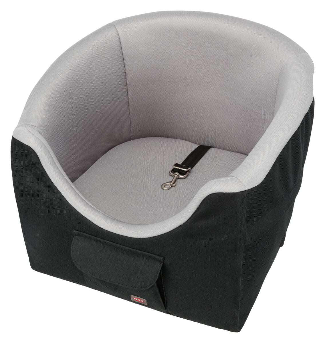 Schwarzer und grauer Korb mit gepolstertem Innenraum, Gurt mit Karabinerhaken auf der Sitzfläche.