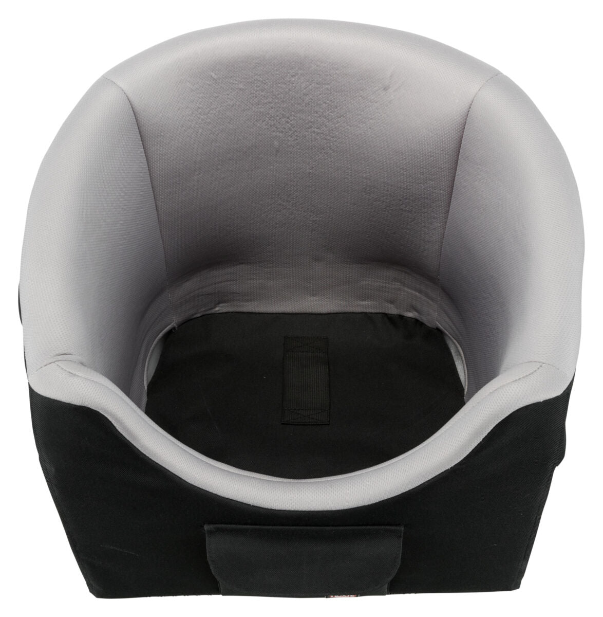 Schwarze und graue gepolsterte Sitzfläche mit erhöhter Rückenlehne und Tragegriff vorne.