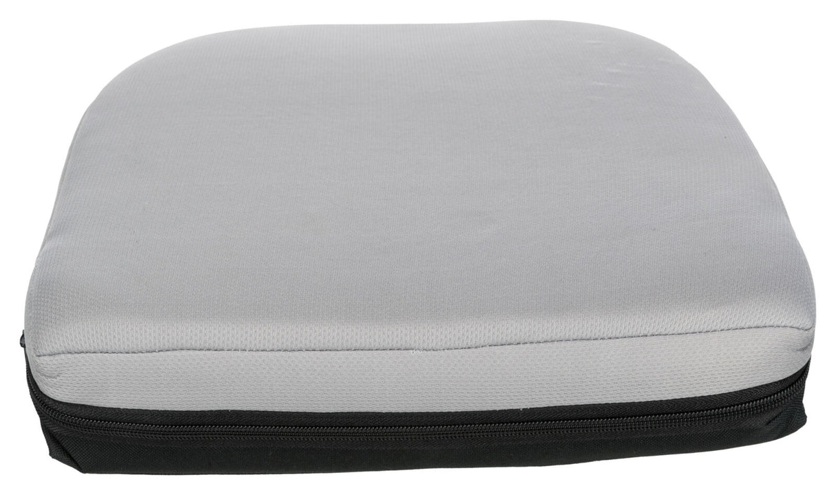 Graues, rechteckiges Kissen mit schwarzem Reißverschluss an der Seite.