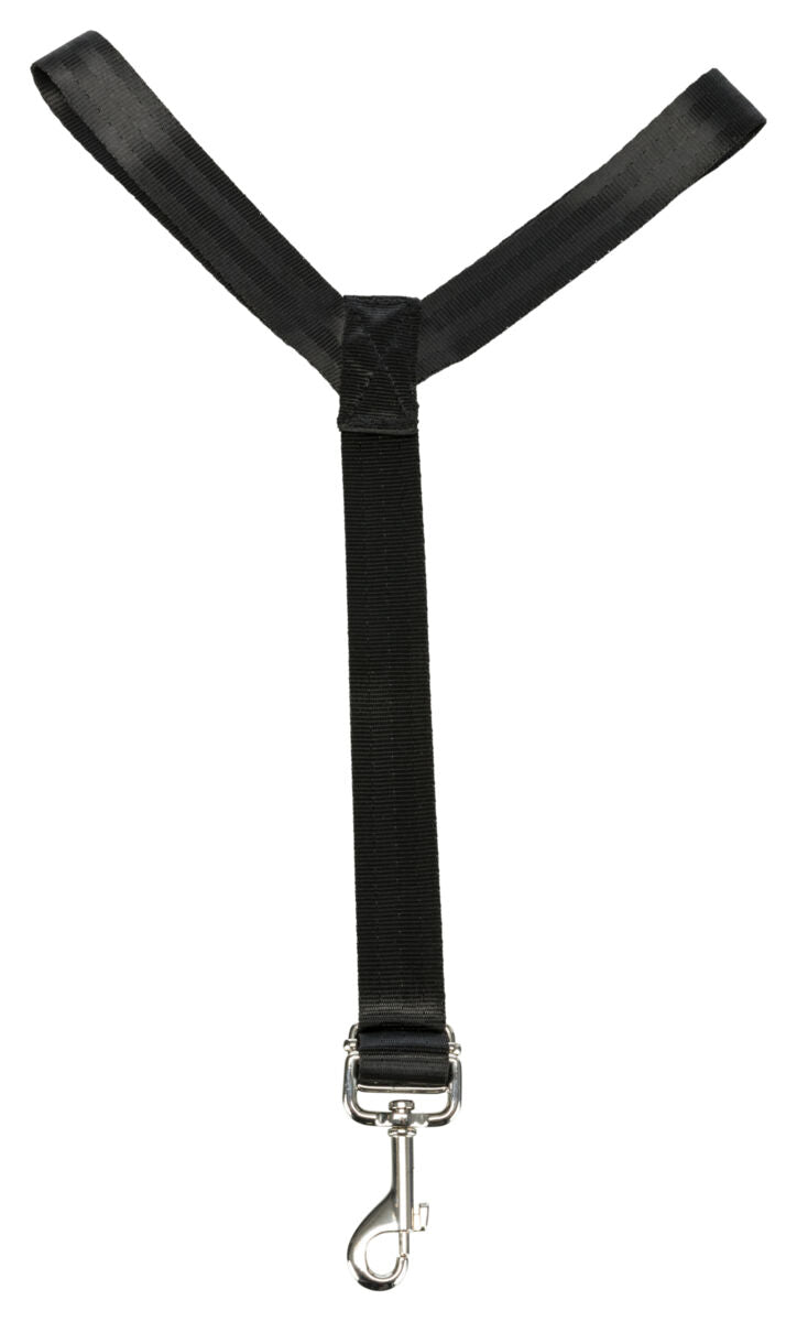 Schwarzes Band mit Metallkarabinerhaken, Y-förmig oben, seitlich sichtbar, auf weißem Hintergrund.