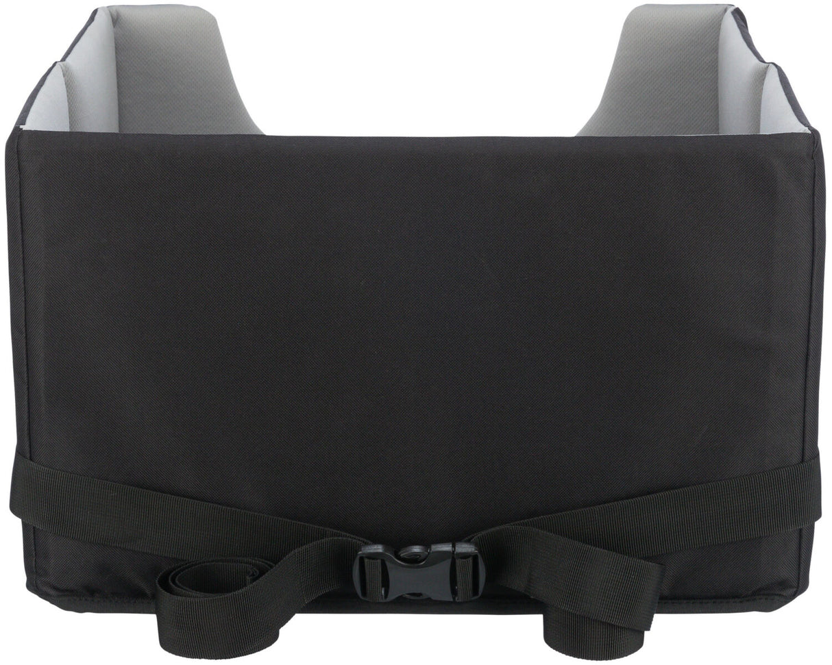 Schwarze rechteckige Tasche mit grauem Innenfutter und verstellbarem Riemen an der Unterseite.