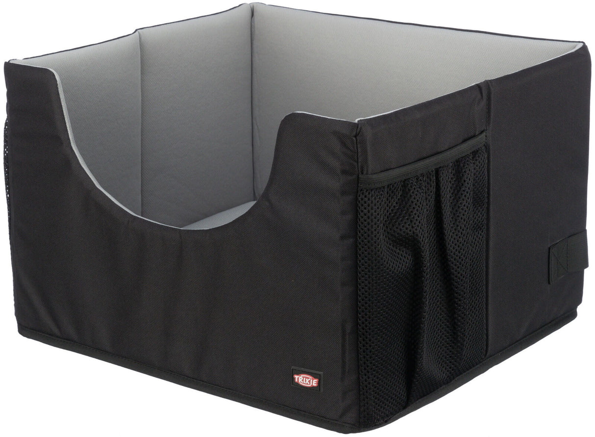 Schwarze, rechteckige Box mit grauem Innenfutter und Netzseitentasche, geeignet als Autozubehör.