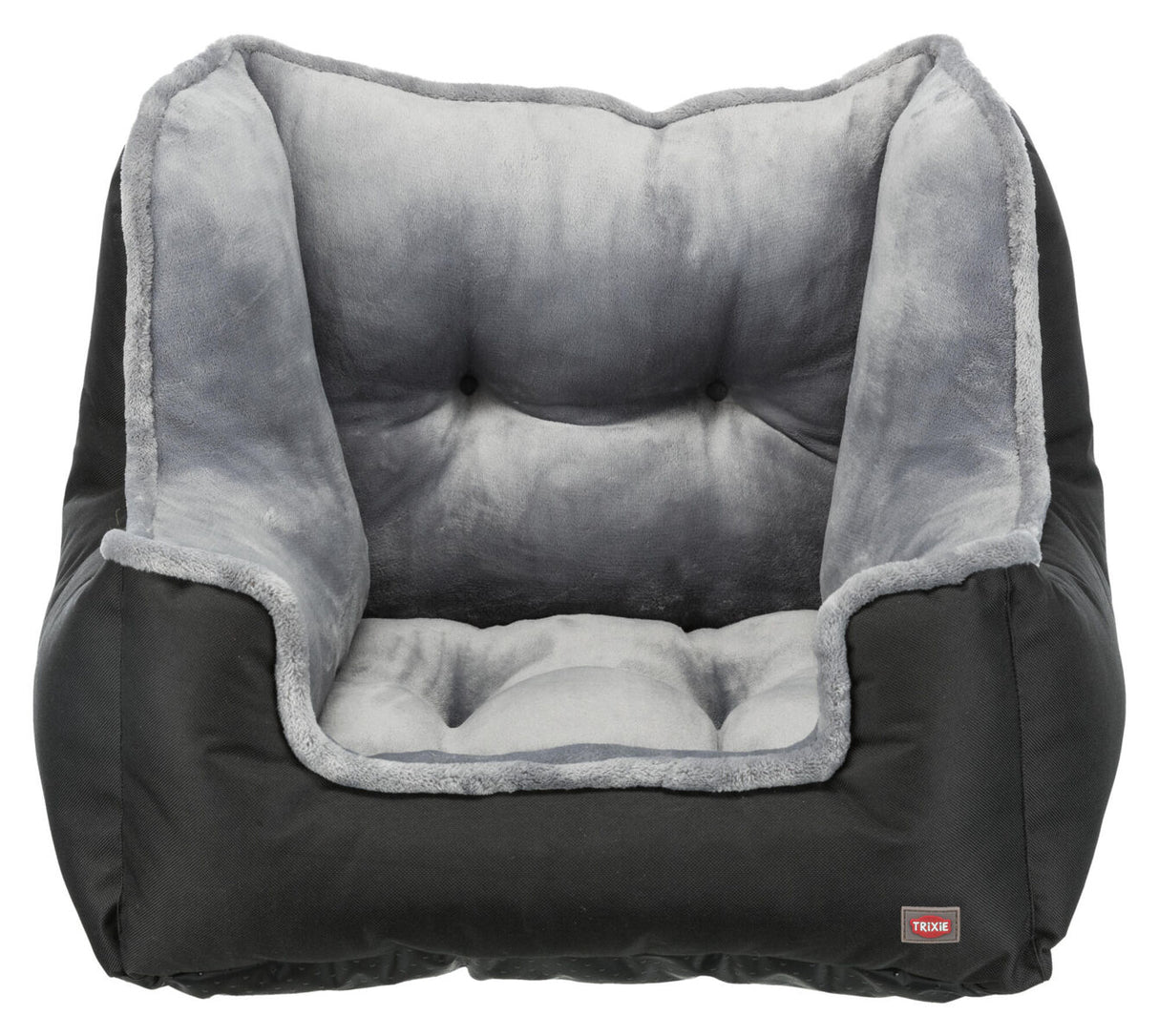 Schwarzes weiches Kissen mit hoher grauer Rückenlehne und Plüschpolsterung.