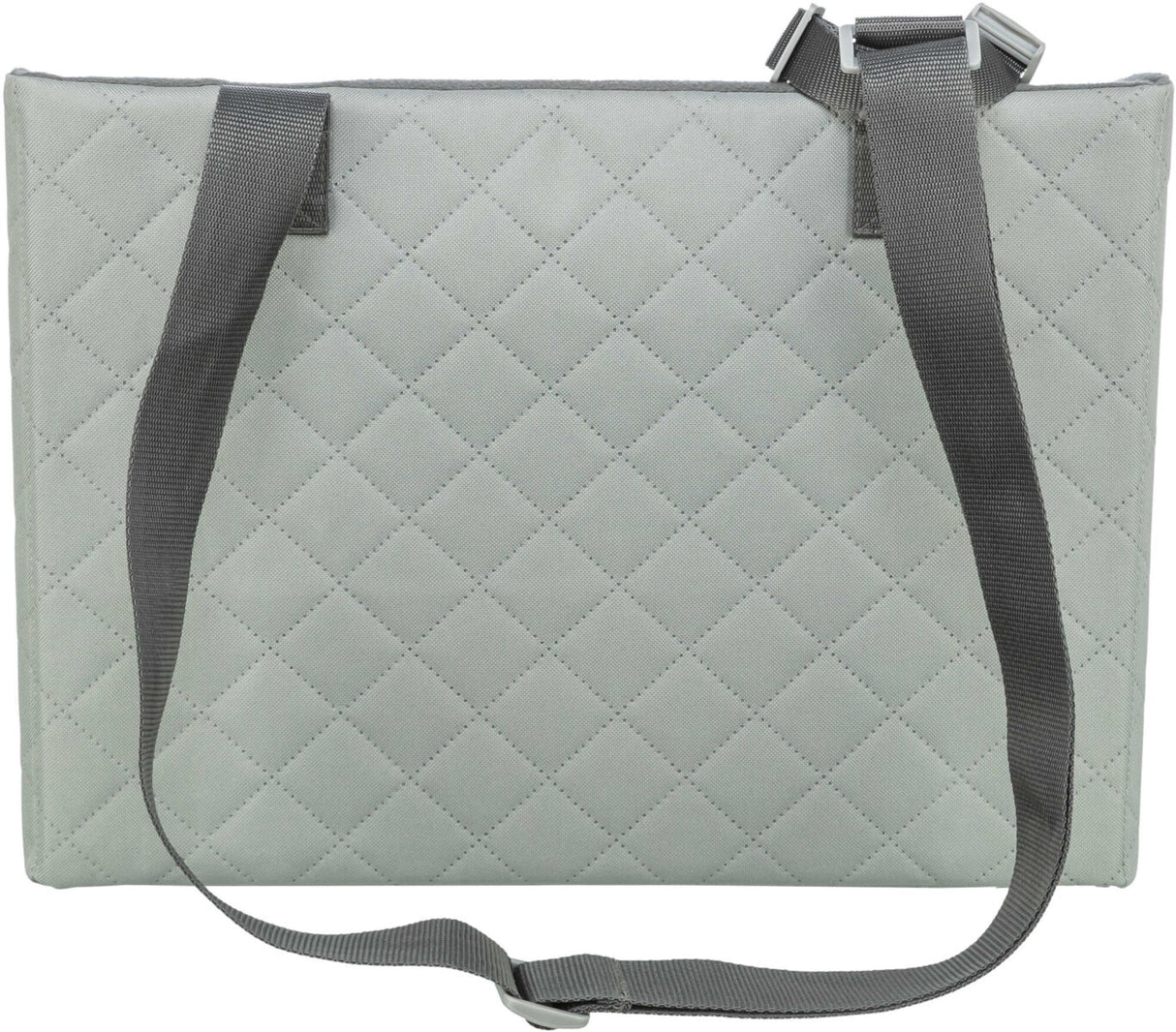 Graue, gesteppte Tasche mit zwei langen, schwarzen Trägern und Schnallen, rechteckige Form.