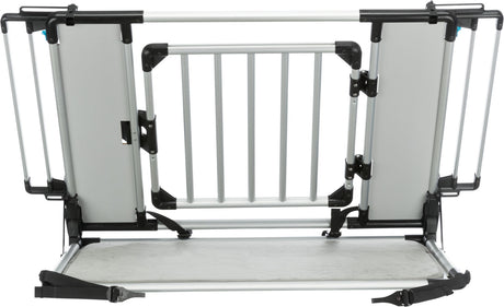 Graues, faltbares Schutzgitter aus Metall und Kunststoff mit mehreren Streben und seitlichen Befestigungselementen.