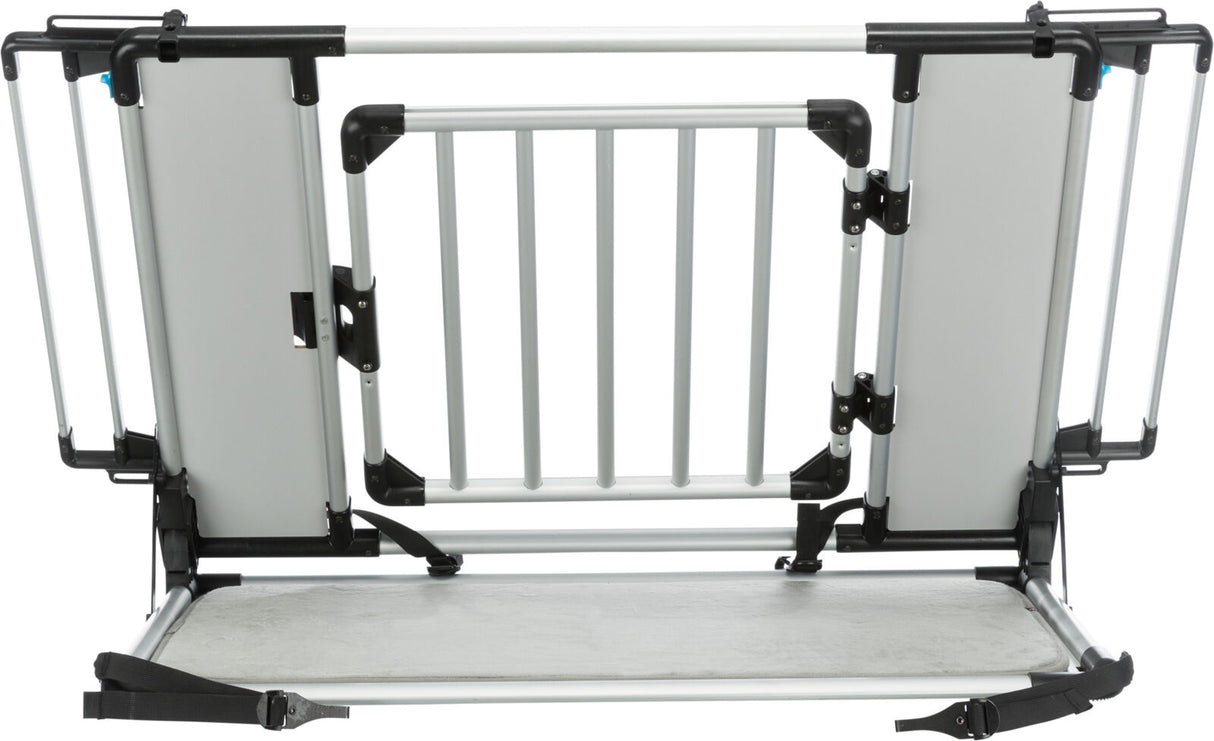 Graues, faltbares Schutzgitter aus Metall und Kunststoff mit mehreren Streben und seitlichen Befestigungselementen.