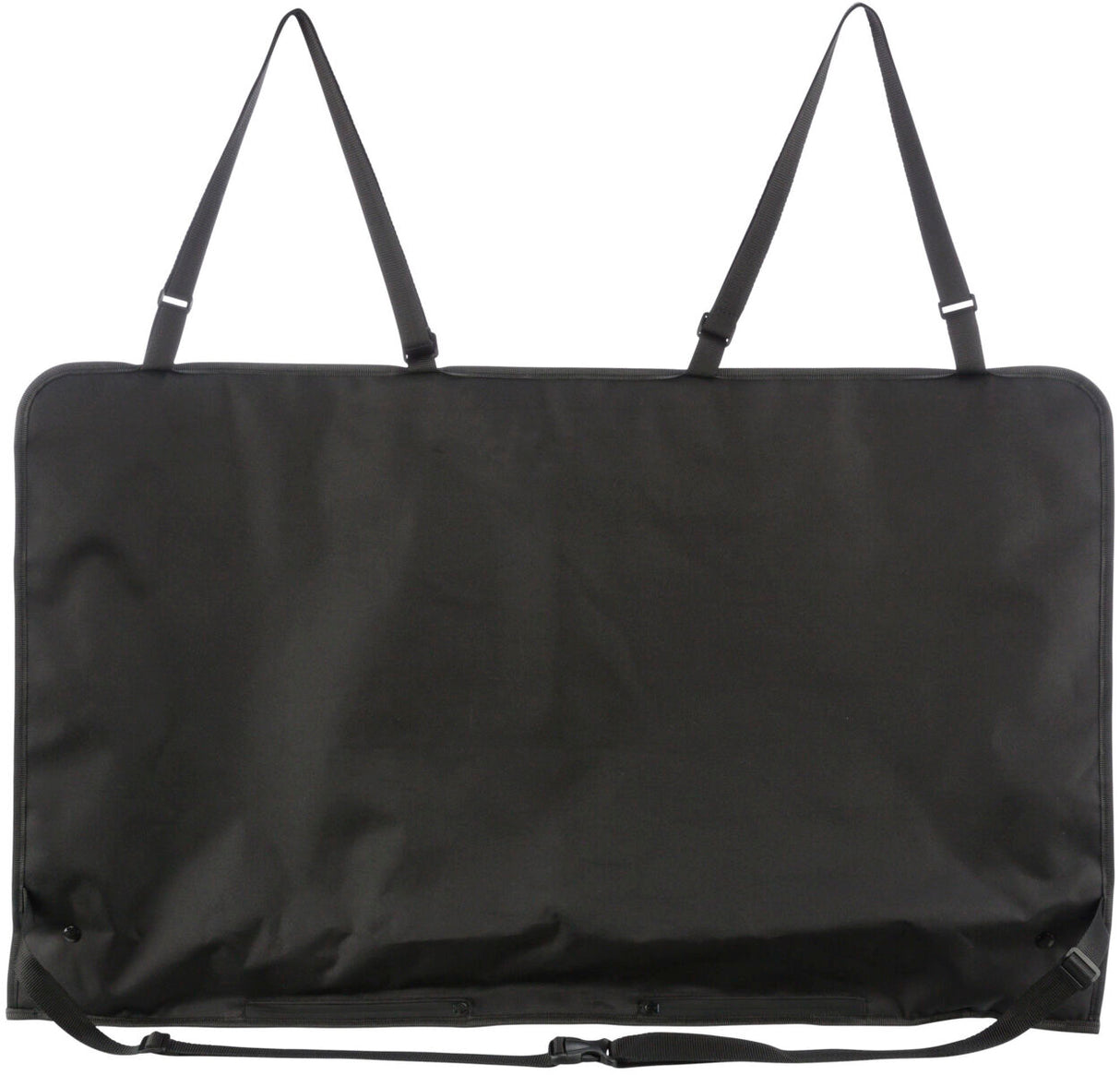Schwarze Schutzhülle mit zwei Trägern, rechteckige Form, aus Stoff, möglicherweise für den Sitz- oder Kofferraumschutz.