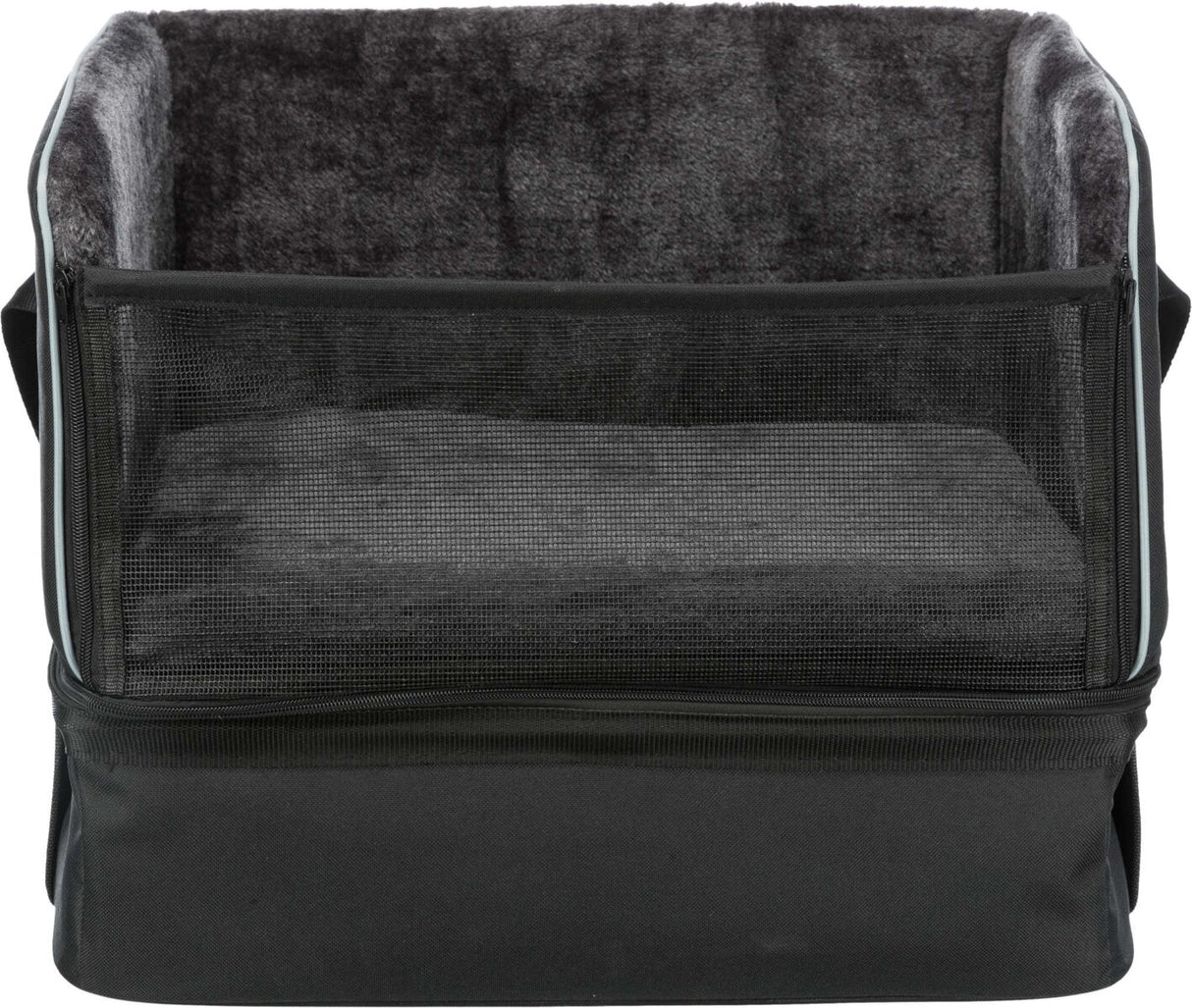 Schwarze Transportbox mit grauem, weichem Innenfutter und Netzstoff an der Front.
