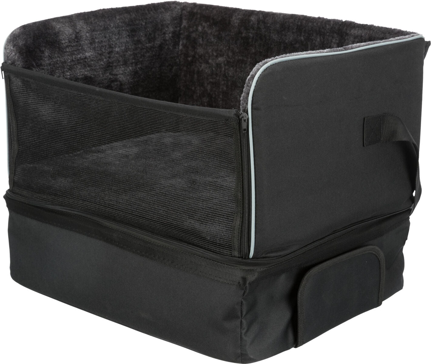 Schwarzer Transportbehälter mit Netzabdeckung und gepolstertem Innenraum, seitlichem Griff und Reißverschluss.