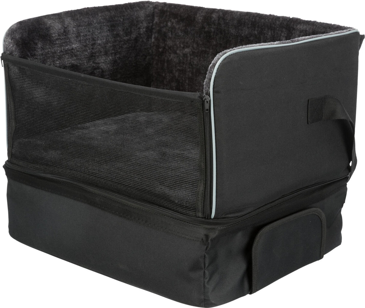 Schwarzer Transportbehälter mit Netzabdeckung und gepolstertem Innenraum, seitlichem Griff und Reißverschluss.