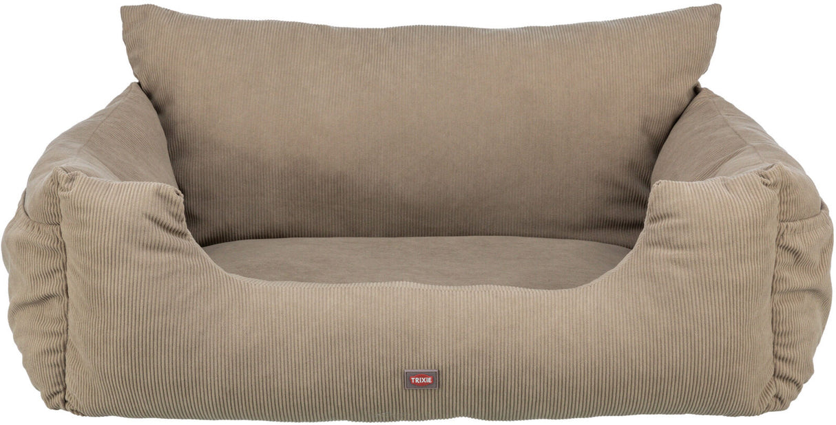 Beiges, gepolstertes Sofa mit geripptem Stoffbezug, rechteckigem Kissen und aufrechter Rückenlehne.