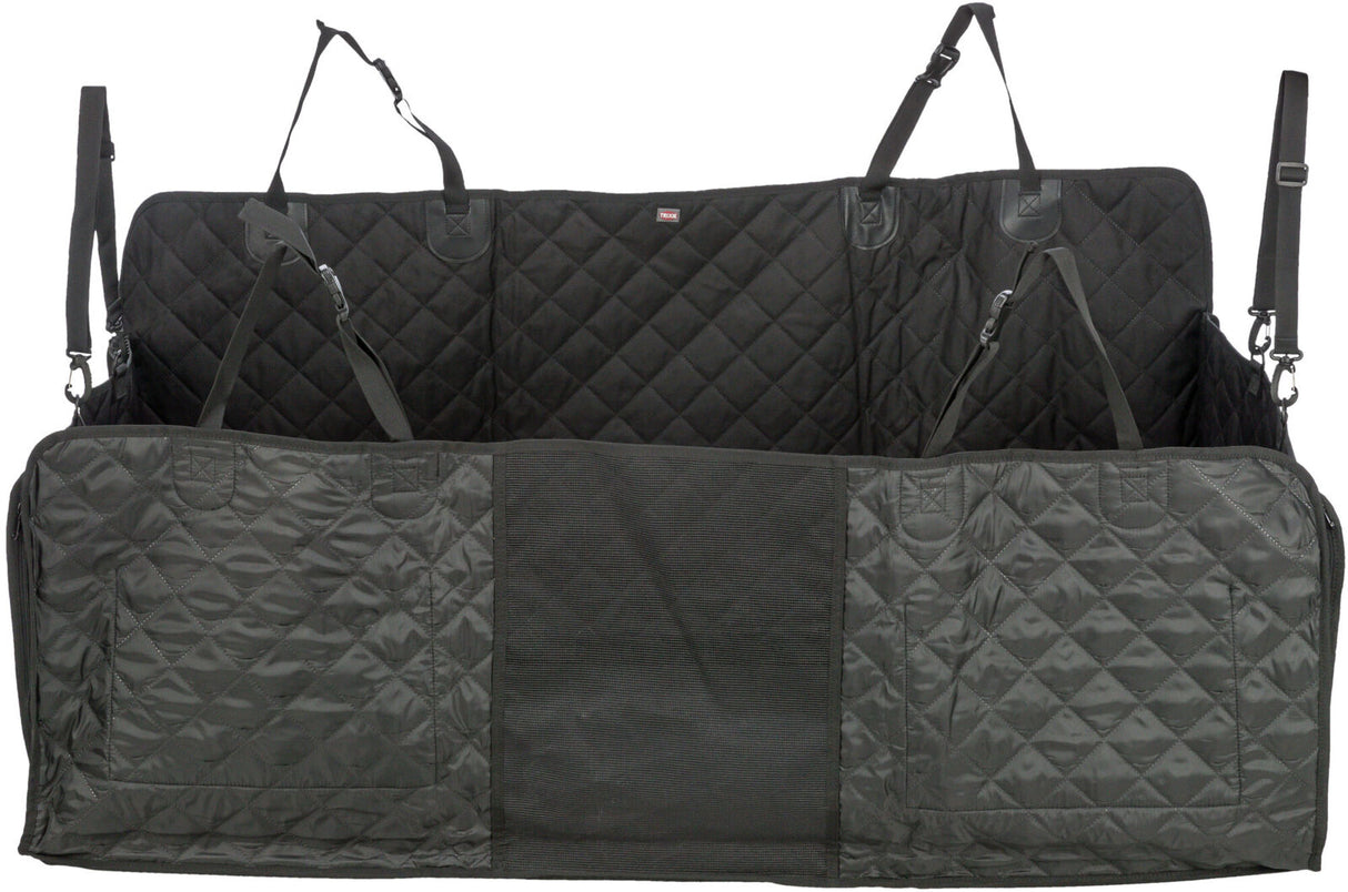 Schwarze gesteppte Schutzabdeckung mit Trägern, wahrscheinlich für den Gebrauch im Auto-Kofferraum konzipiert.