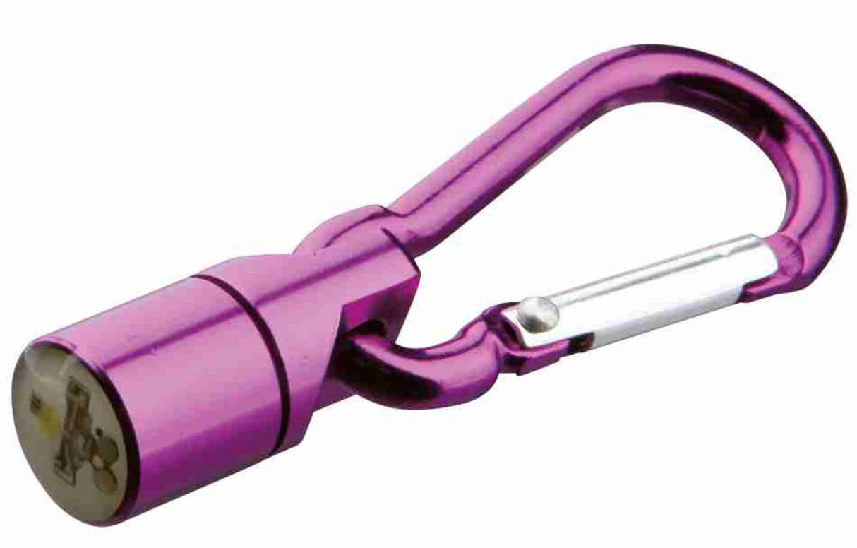 Lila Karabiner mit integriertem runden Licht, Metallclip in Silber, geeignet zum Anhängen.