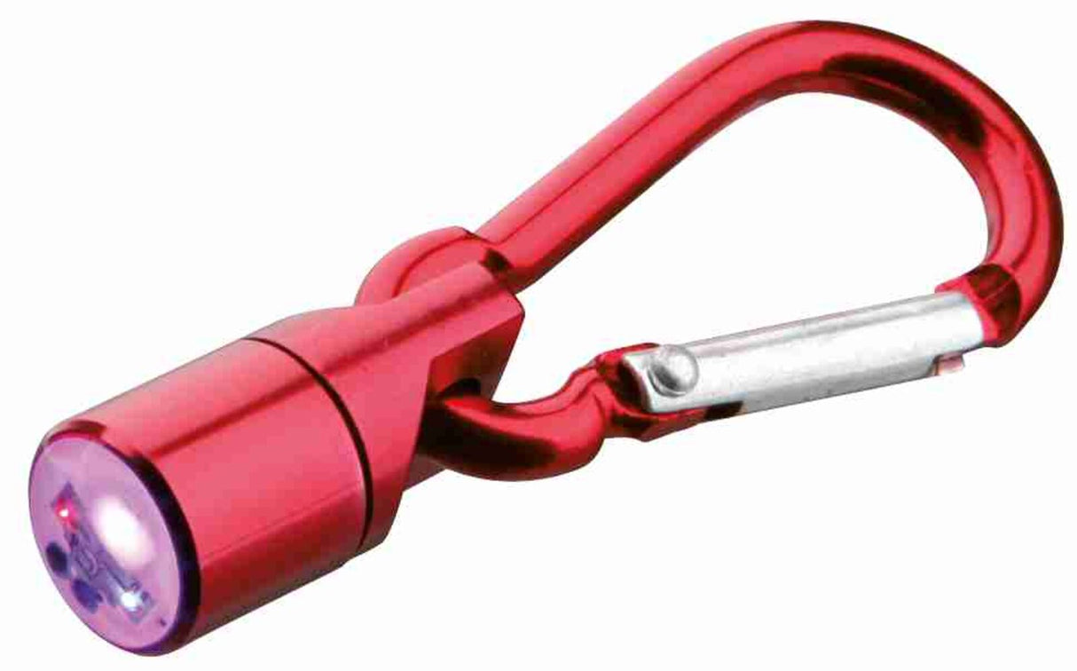 Roter Karabinerhaken mit integriertem Leuchtartikel, dessen Licht erkennbar leuchtet.