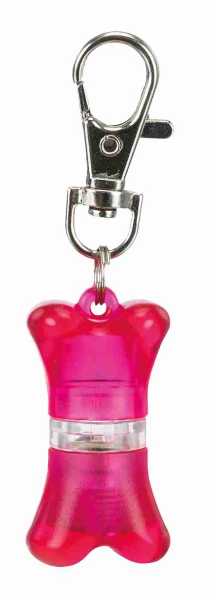 Rotes, knochenförmiges Schlüsselanhänger-Accessoire mit Metallkarabiner und transparenter Mittelpartie.