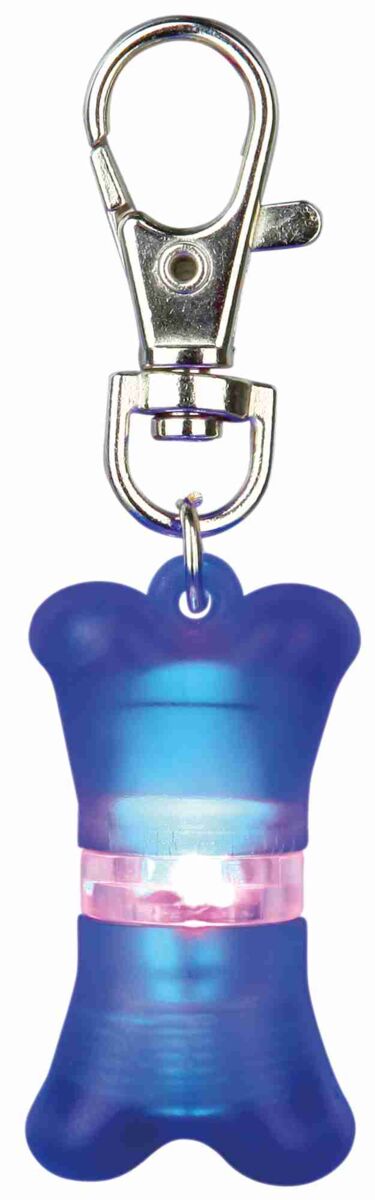 Blauer, knochenförmiger Anhänger mit silbernem Karabinerhaken und einem leuchtenden rosa Abschnitt in der Mitte.