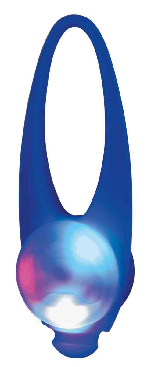 Blaues Leuchtobjekt mit zylindrischem Gehäuse und zwei langen, schlaufenförmigen Elementen, Licht in Weiß und Blau.