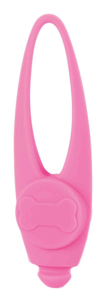 Rosa, längliches Objekt mit Schlaufe und Knochenmotiv, vermutlich aus Kunststoff, klare Linienführung.