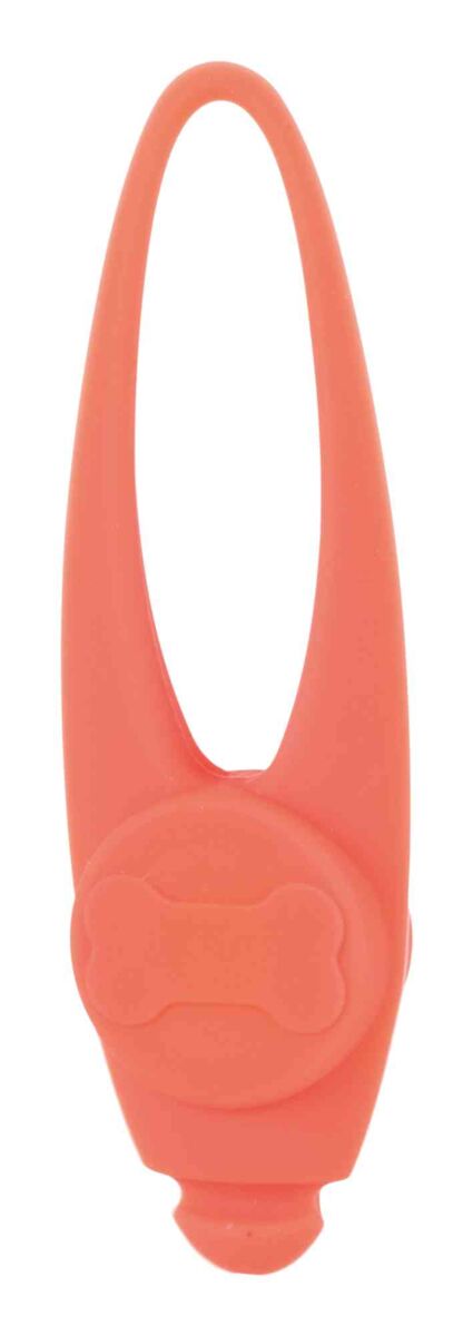 Rotes, längliches Kunststoffobjekt mit rundem Element und Knochenmotiv, sieht aus wie ein Leuchtartikel.