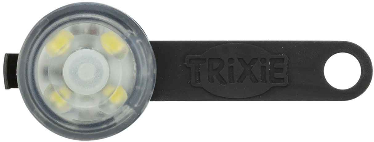 Rundes, transparentes blinkendes LED-Licht an schwarzem Kunststoffband mit einer Befestigungsöse, Farbe schwarz.