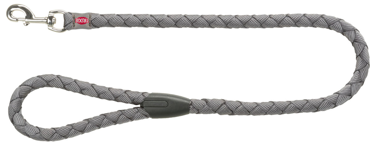 Geflochtene graue Hundeleine mit silbernem Karabiner und schwarzer Verstärkung, Text "TRIXIE" auf Etikett sichtbar.