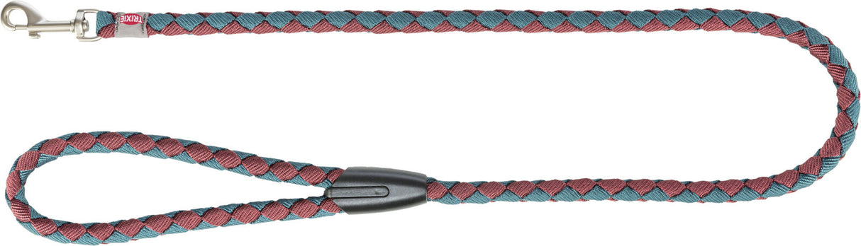 Geflochtene Hundeleine in Rot und Blau mit Metallschnalle und Schlaufe, Markenaufdruck "Trixie".