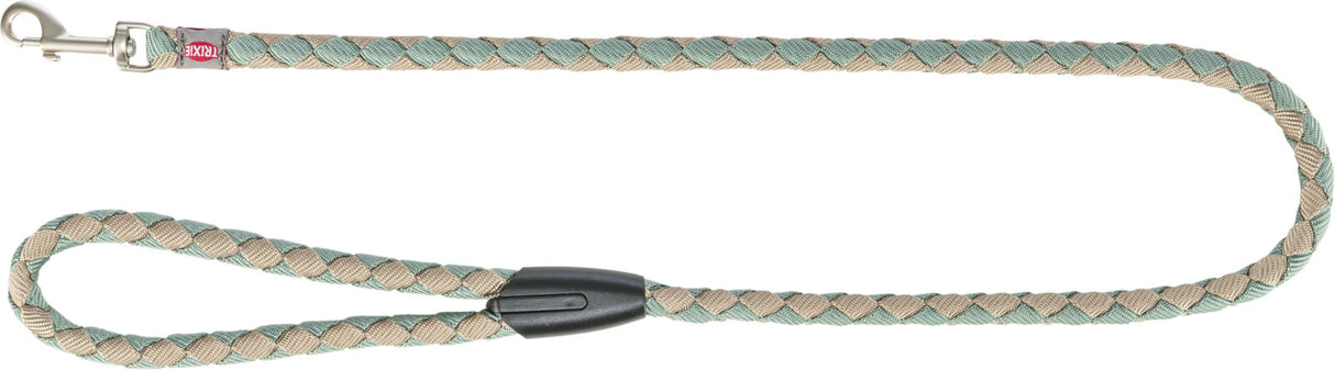 Geflochtene Leine in Beige und Grün mit Karabinerhaken aus Metall an einem Ende und einer Handschlaufe am anderen.