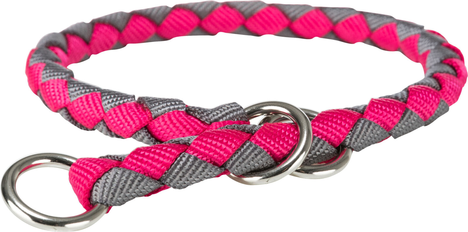 Geflochtenes Halsband in Pink und Grau mit metallenen Ringen, geeignet für Haustiere.