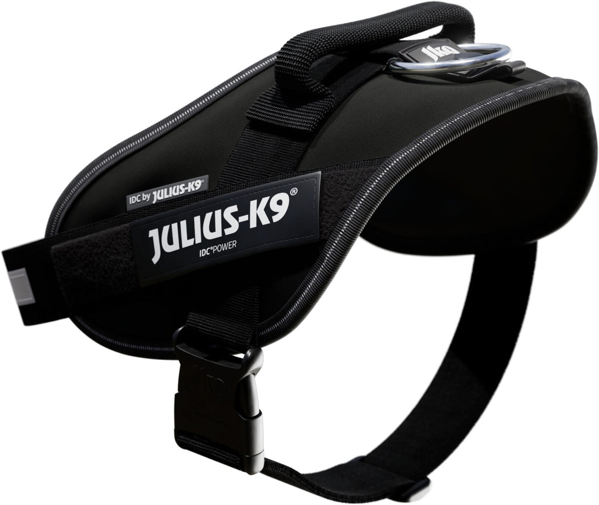 Schwarzes Hundegeschirr mit verstärktem Griff und sichtbarem "Julius-K9" Logo, seitlich abgebildet.