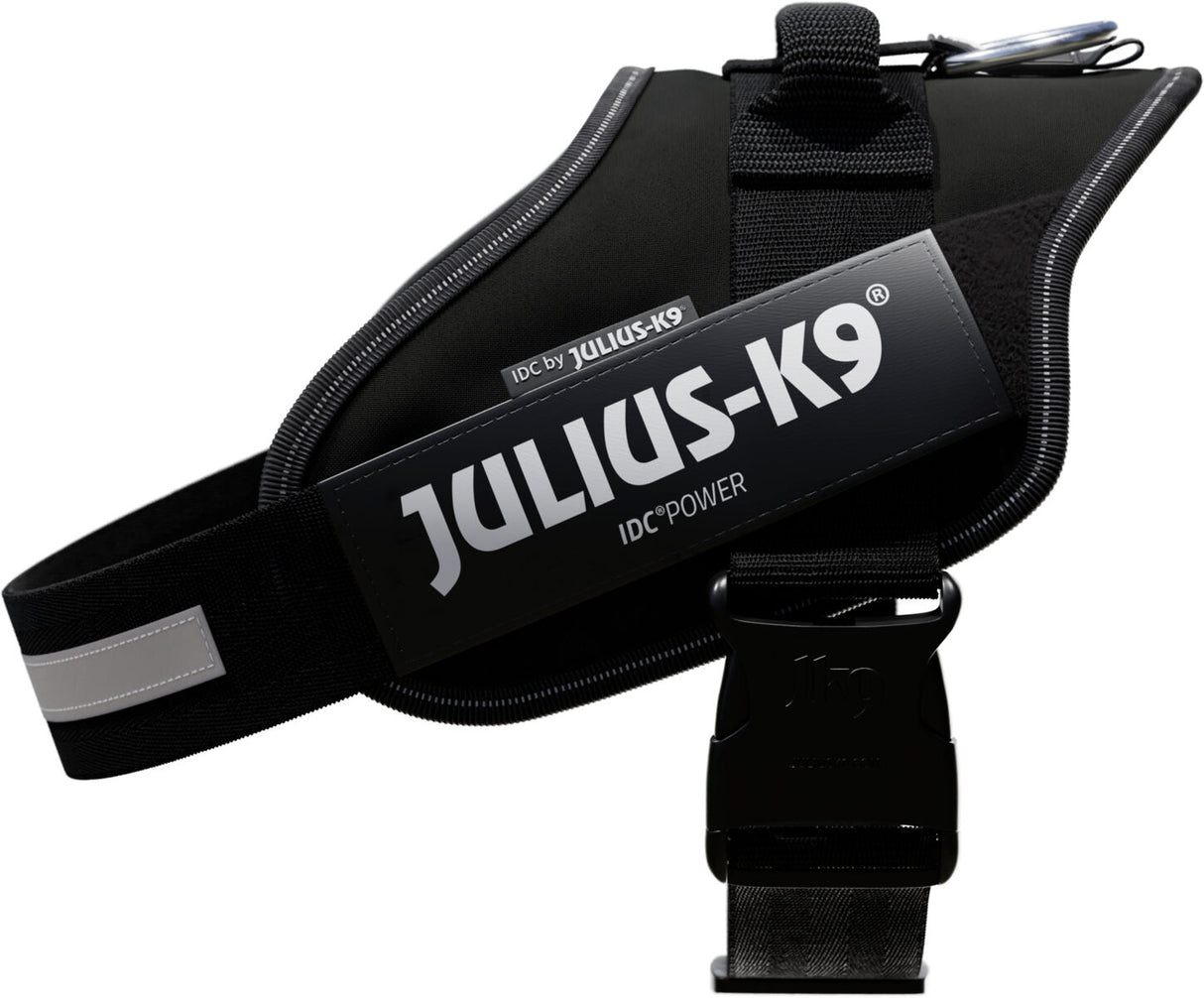 Hundegeschirr in Schwarz mit grauem Logo "Julius-K9 IDC" auf der Seite, reflektierender Streifen sichtbar.