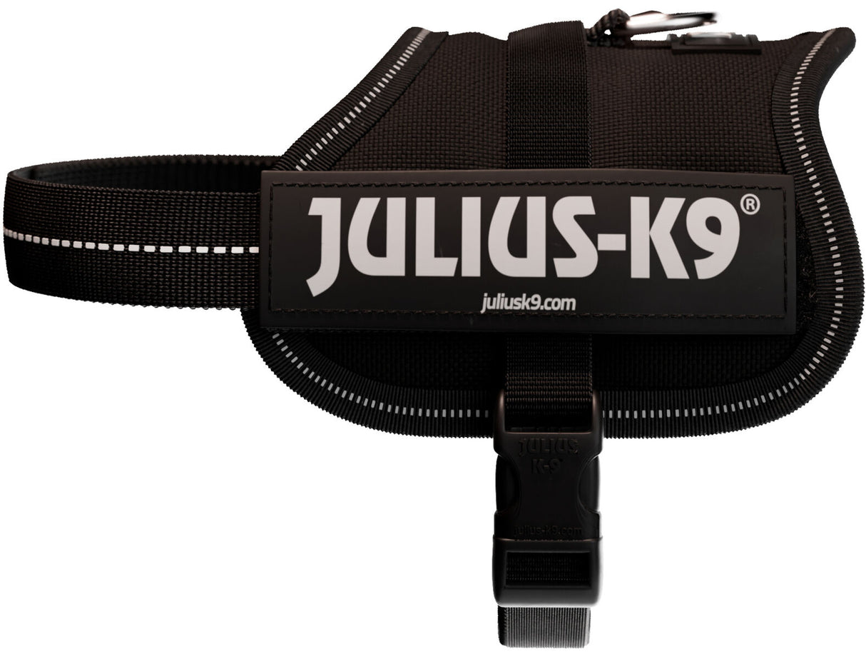 Schwarzes Hundegeschirr mit Reflektorstreifen und großem "Julius-K9" Logo in Weiß auf der Seite.