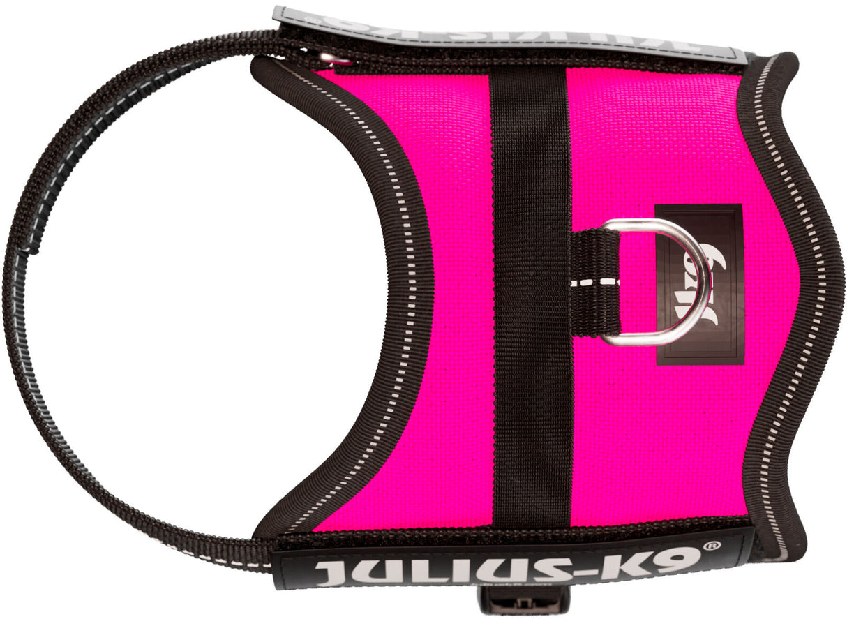 Pinkfarbenes Hundegeschirr mit schwarzer Umrandung und silbernem D-Ring, Label "JULIUS-K9".