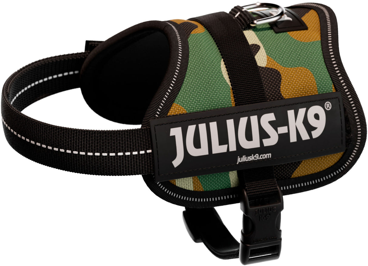 Hundegeschirr mit camouflage Muster, schwarzem Rand und weißem Logo "JULIUS-K9".